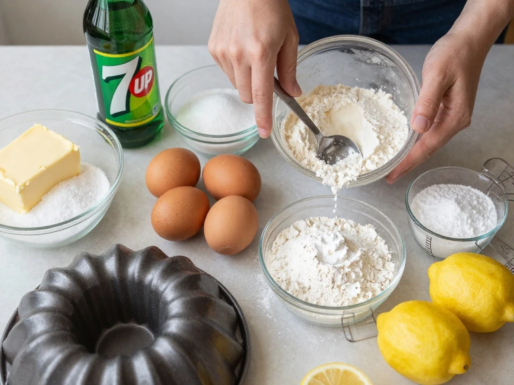 Ingredients for homemade 7Up Cake arranged on a kitchen counter