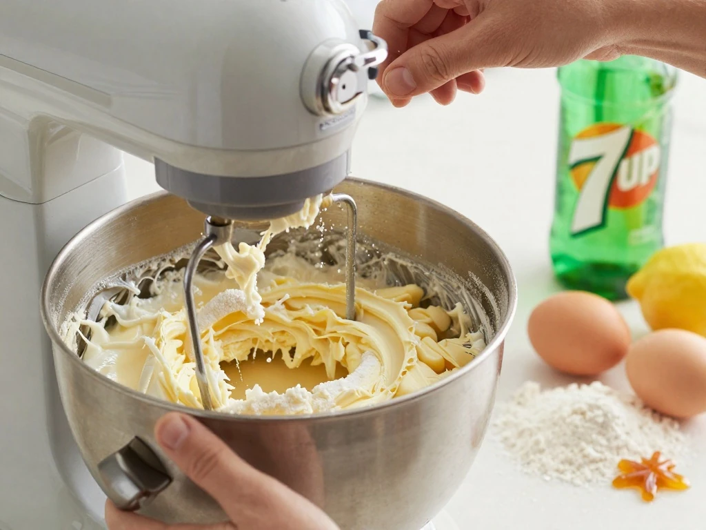 Butter and sugar being creamed for a 7Up Cake batter