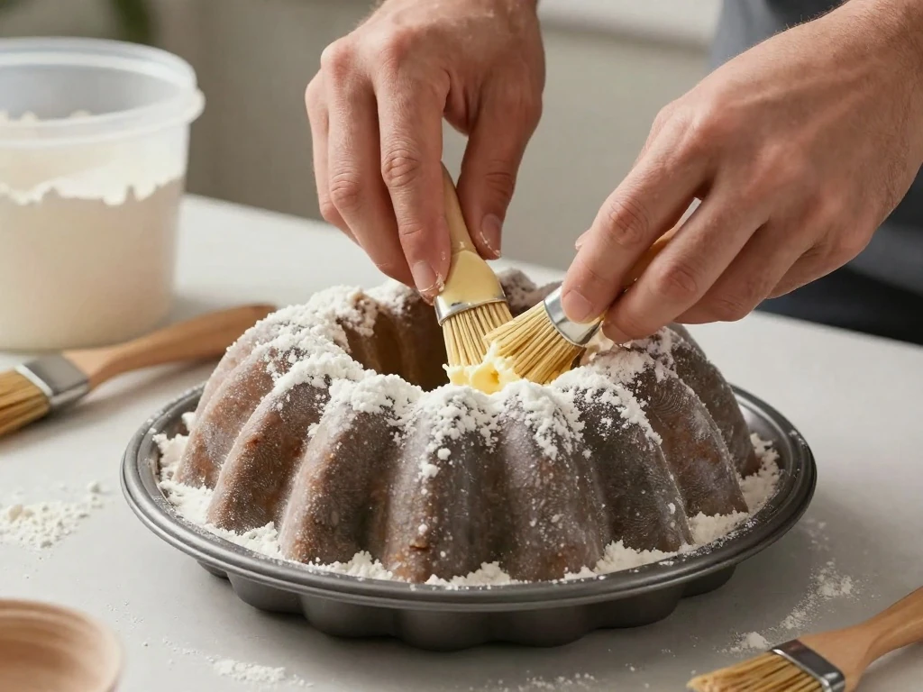 Bundt pan being carefully greased and floured before baking