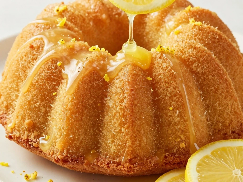 Lemon glaze drizzled over a golden 7Up Bundt cake