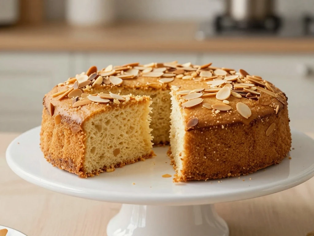Golden homemade almond cake with one slice showing the tender crumb