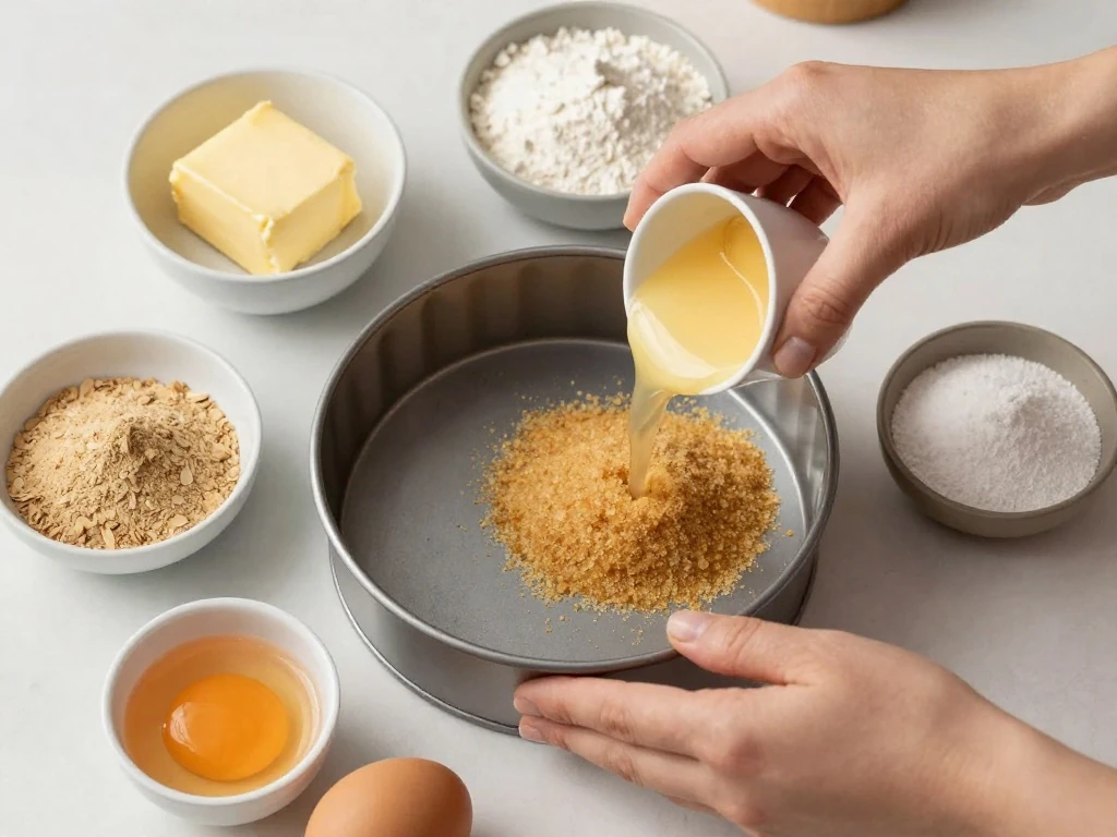Ingredients for an easy one-bowl almond cake arranged around a cake tin