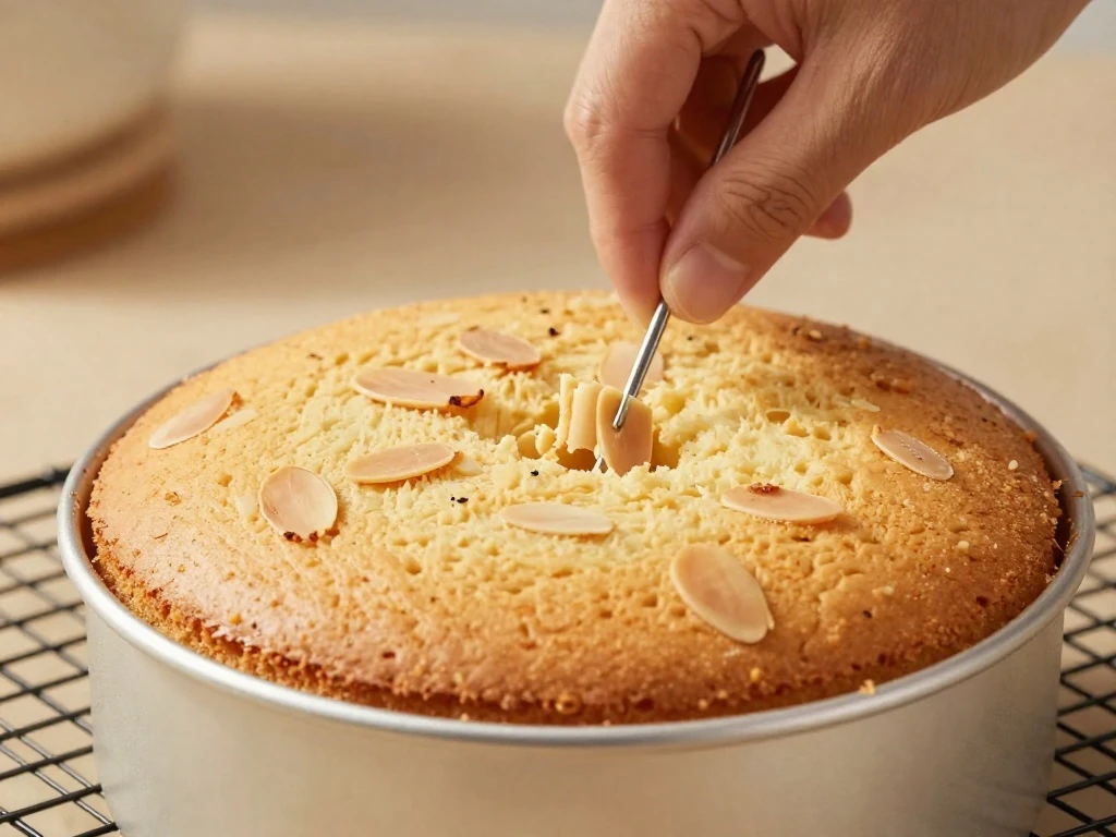 Testing an almond cake with a skewer for moist crumbs