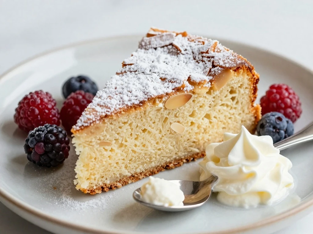 Almond cake slice dusted with icing sugar and served with berries
