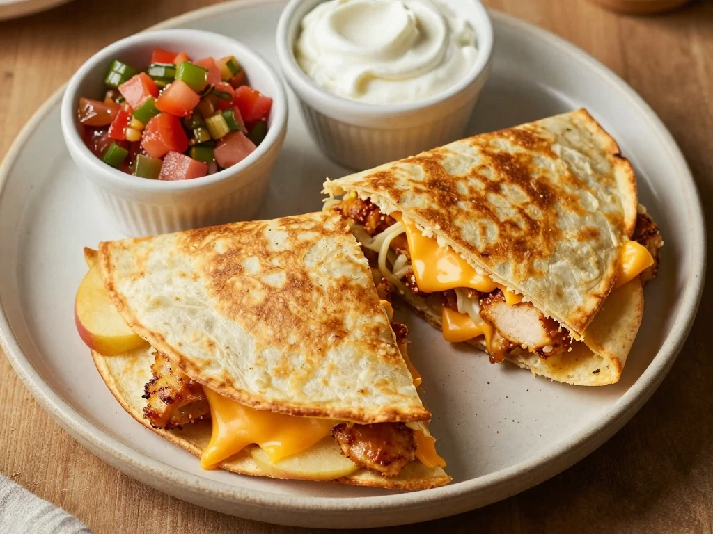 Golden apple chicken quesadillas cut into wedges and served with salsa and sour cream