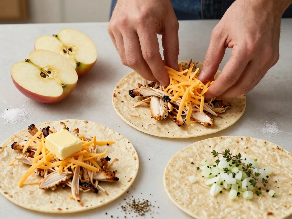Ingredients for apple chicken quesadillas arranged for easy preparation