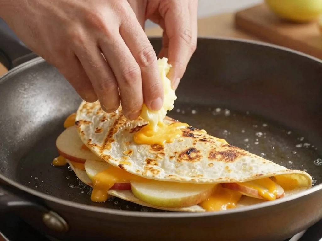 Apple chicken quesadilla cooking in a skillet until golden brown