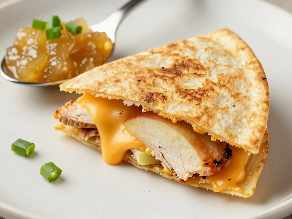 Close-up of a crisp quesadilla wedge with chicken apple filling and cheddar