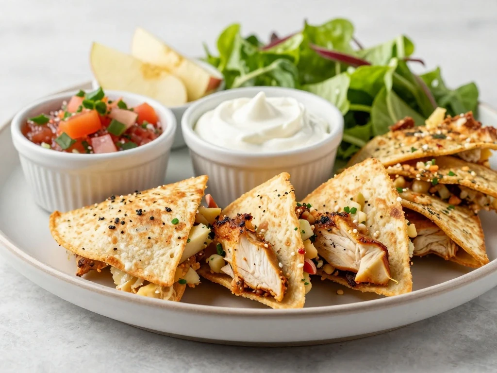 Apple chicken quesadilla wedges with dipping sauces and a simple salad
