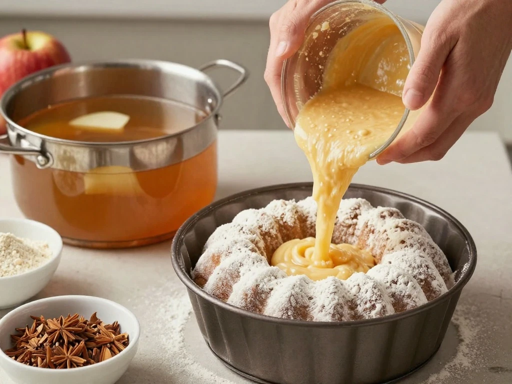 Apple cider donut cake batter being prepared for a Bundt pan
