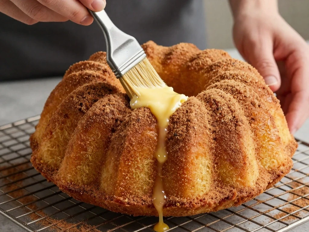 Brushing warm apple cider cake with butter before adding cinnamon sugar