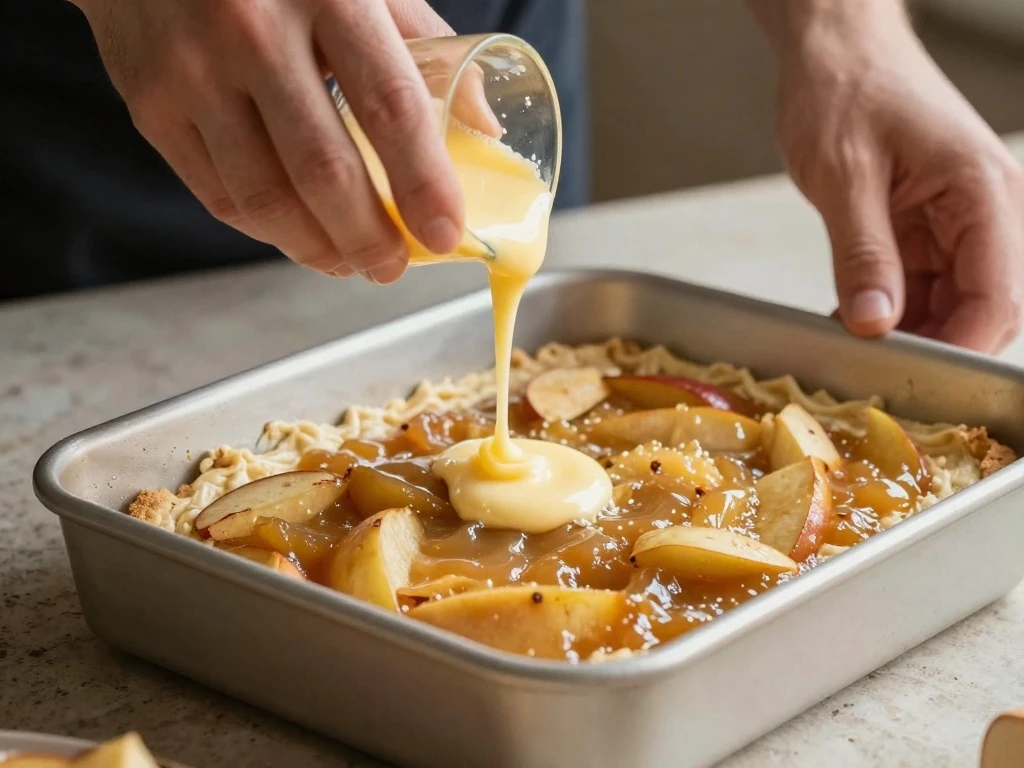Pouring melted butter over cake mix and apple pie filling
