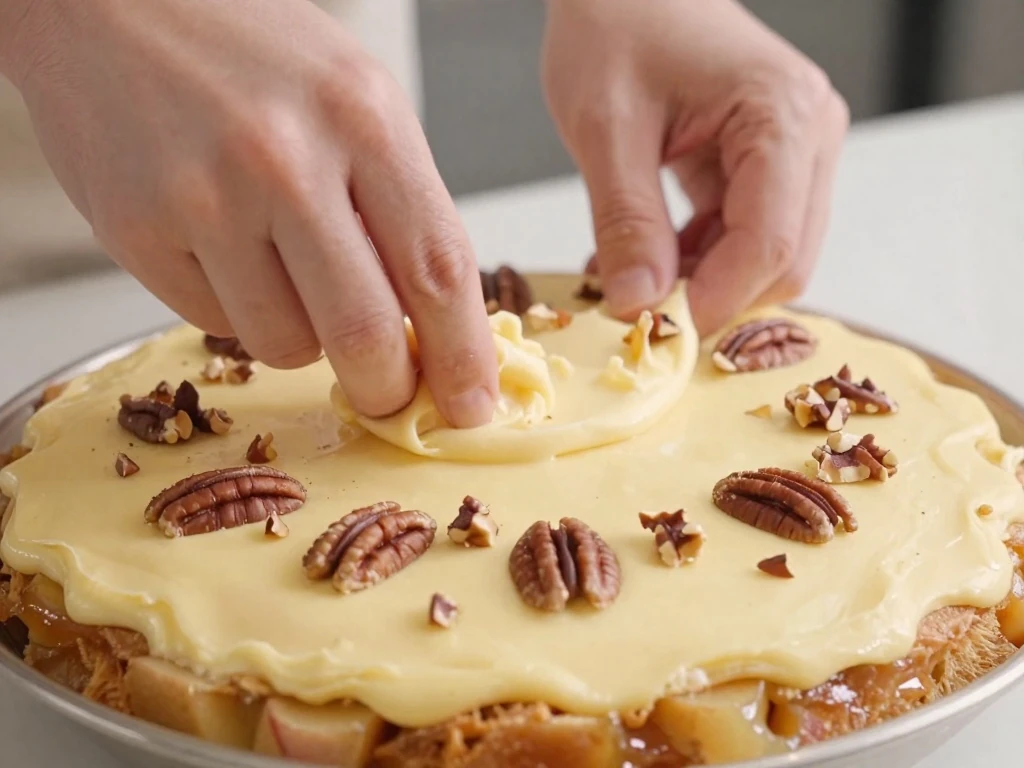 Cake mix topping covered evenly with butter and chopped nuts