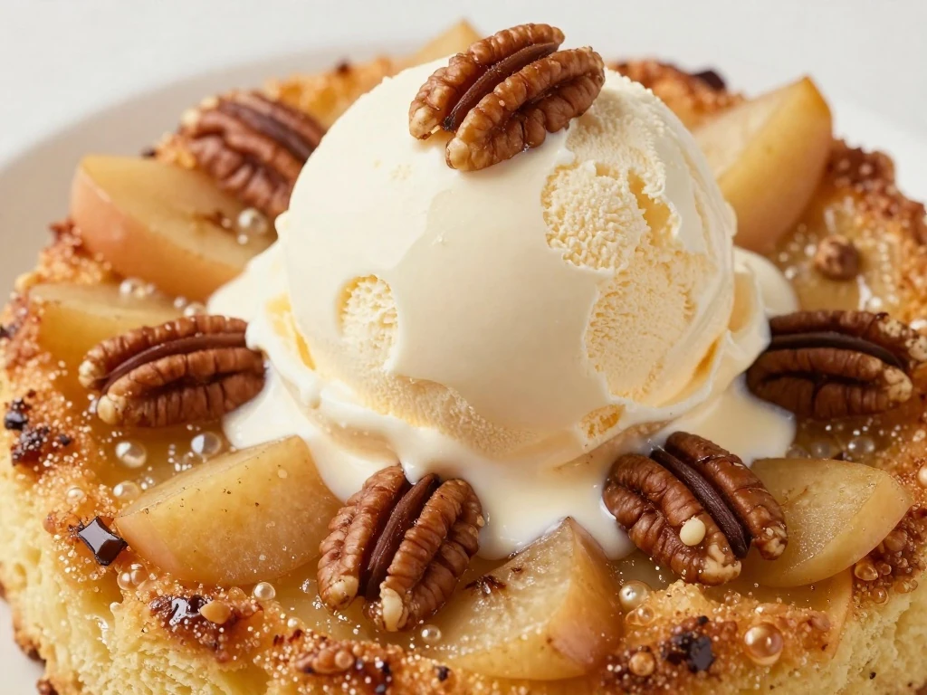 Apple dump cake with melting vanilla ice cream and pecans