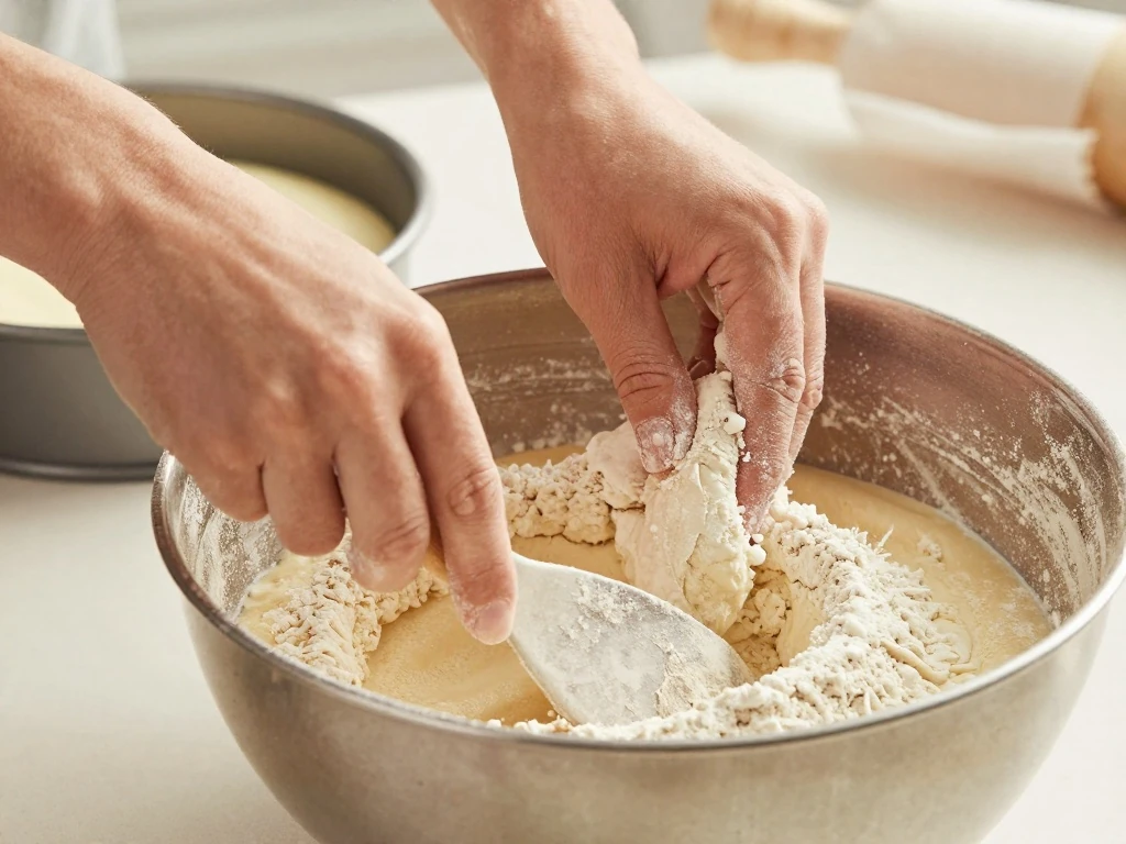 Folding flour into Italian sponge cake batter