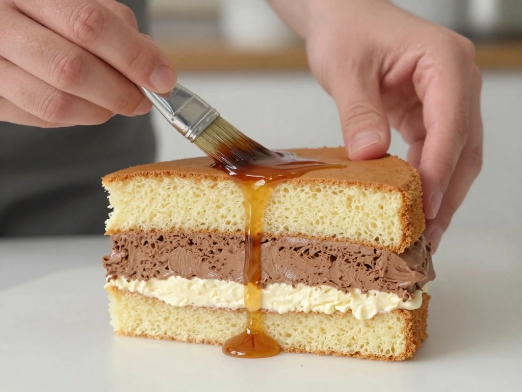 Assembling three layers of Italian rum cake with pastry cream