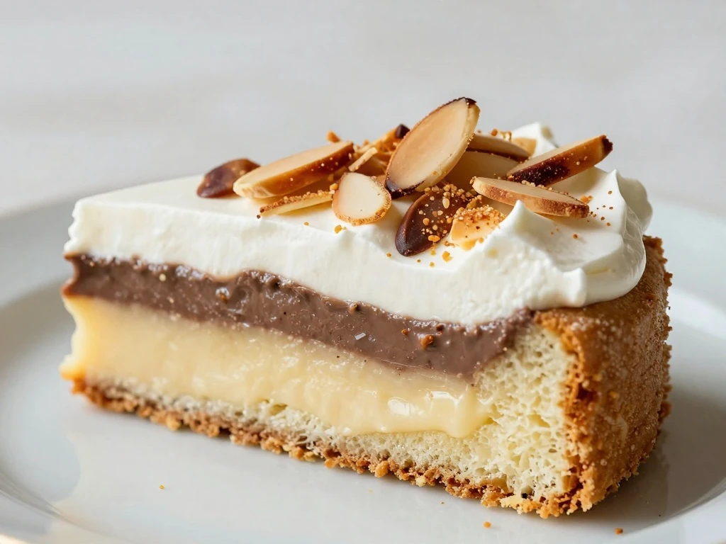 Slice of chilled Italian rum cake with toasted almonds