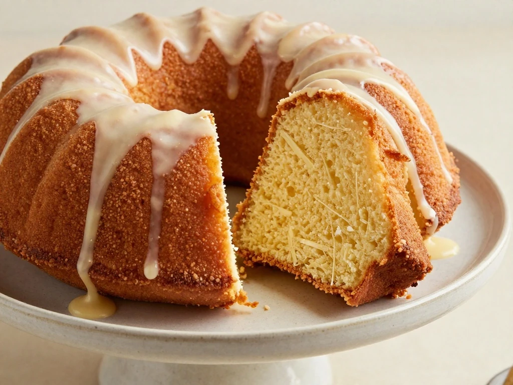 Sliced bakery-style pudding Bundt cake with vanilla glaze