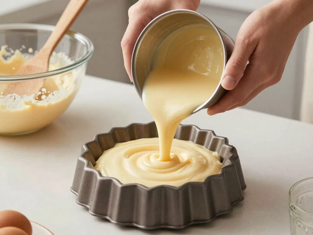 Pouring pudding cake batter into a prepared Bundt pan