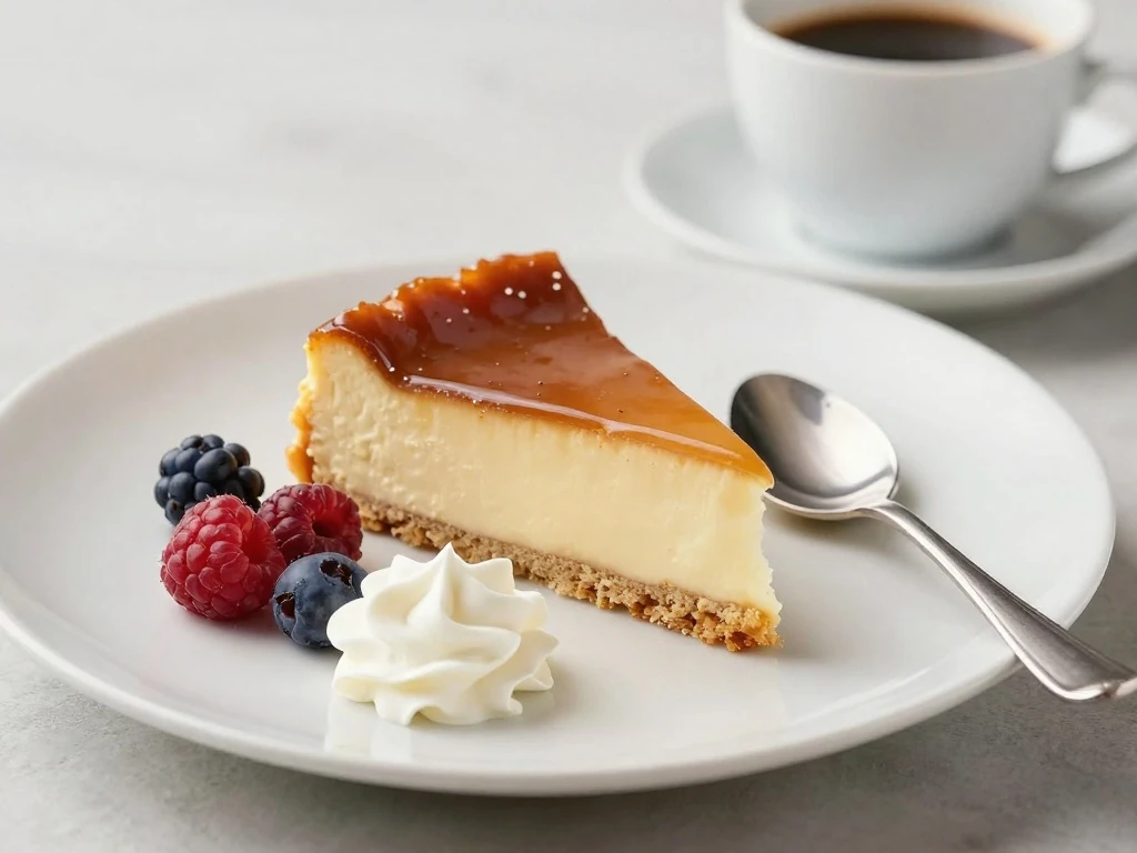 Glazed pudding cake served with coffee and berries
