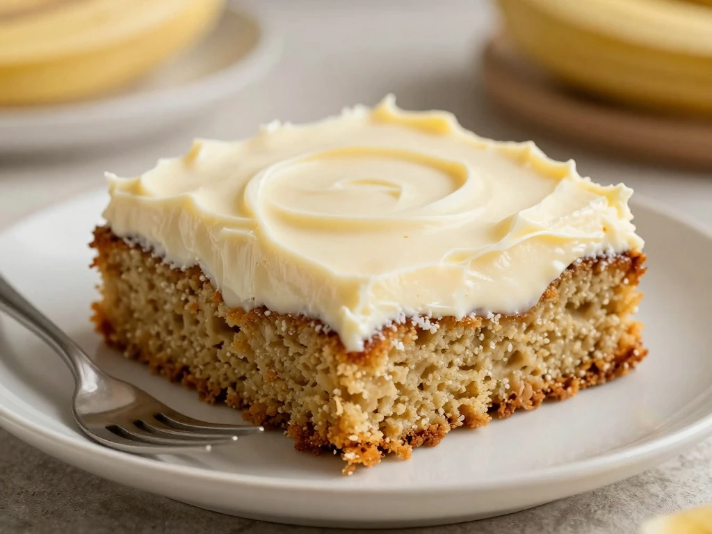 Slice of moist banana cake with cream-cheese frosting on a dessert plate