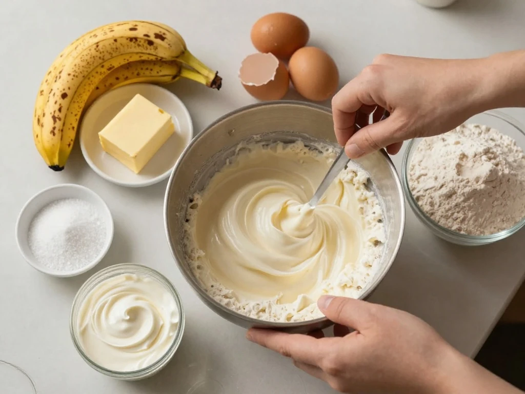 Ingredients for moist banana cake arranged on a kitchen counter