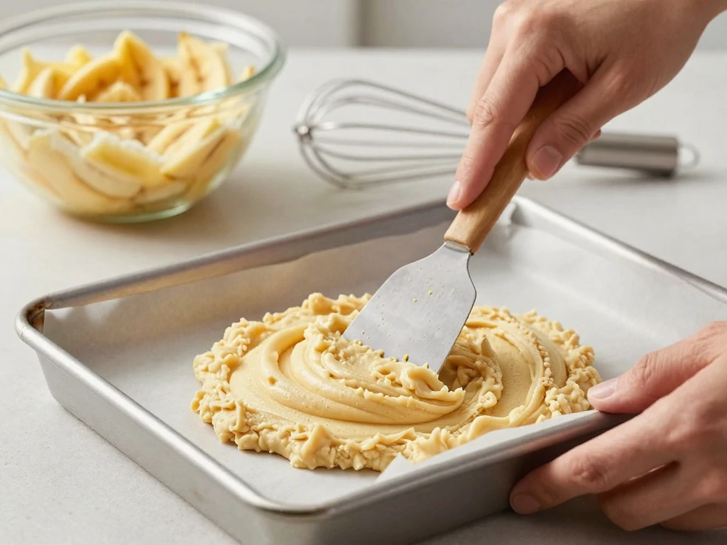 Banana cake batter being spread in a prepared baking pan