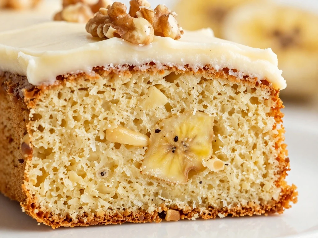 Close-up view of the moist banana cake crumb and walnut pieces