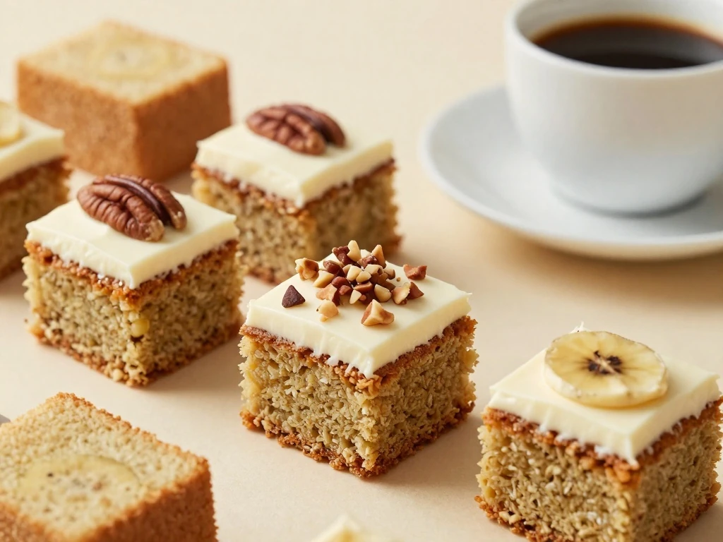 Frosted and plain banana cake squares served with coffee
