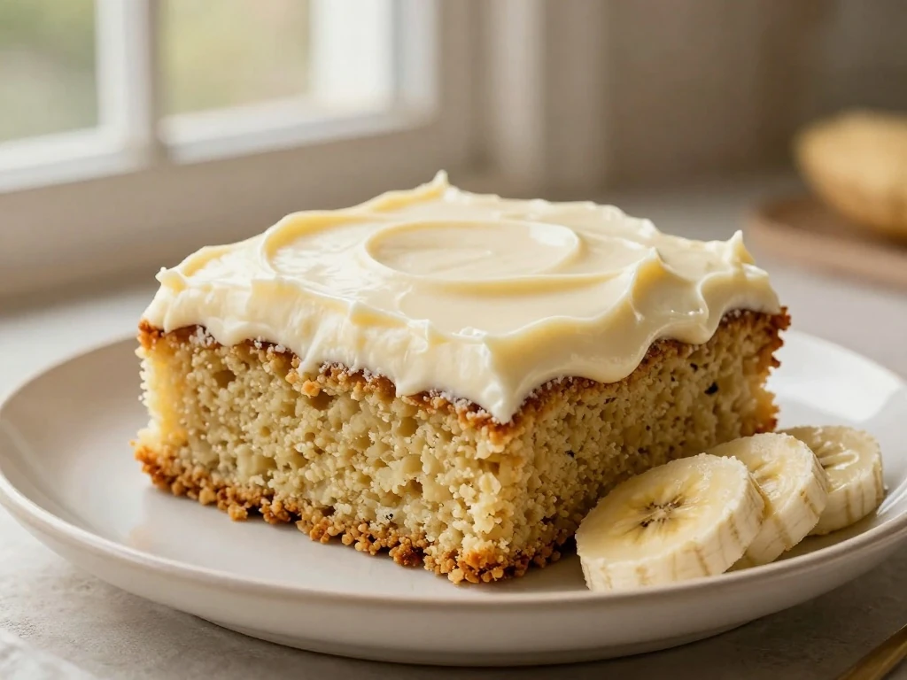 Moist banana cake square with cream-cheese frosting on a dessert plate
