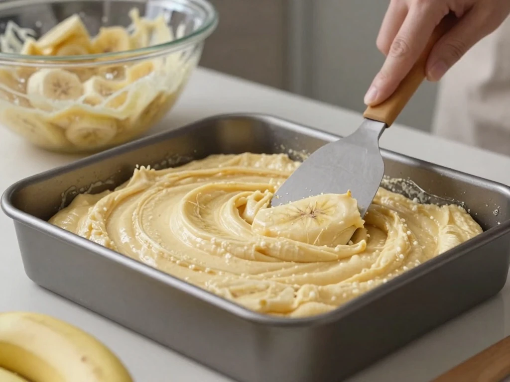 Banana cake batter being spread in a 9-by-13-inch baking pan
