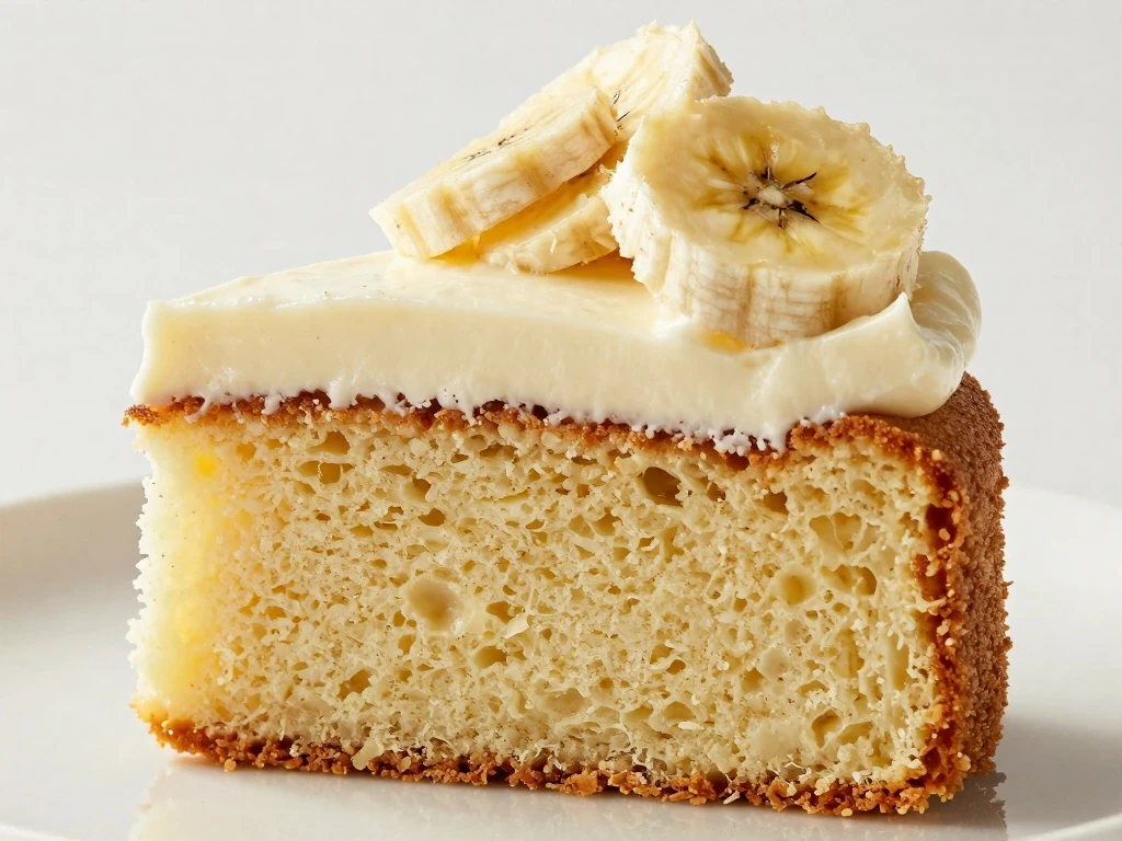 Close-up of moist banana cake crumb and cream-cheese frosting
