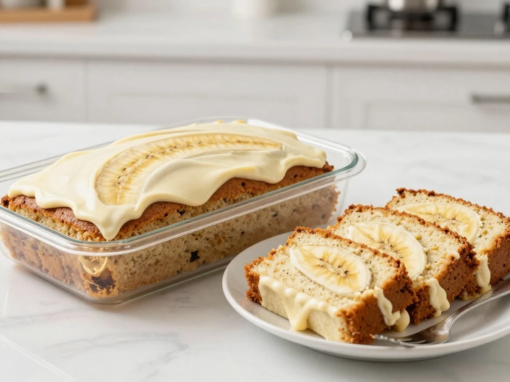 Covered frosted banana cake prepared for storage and serving
