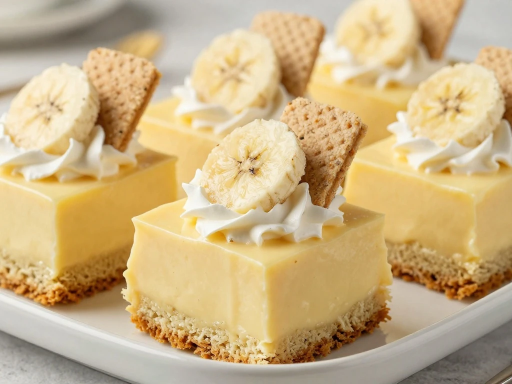 Slices of creamy banana pudding cake with bananas and vanilla wafers