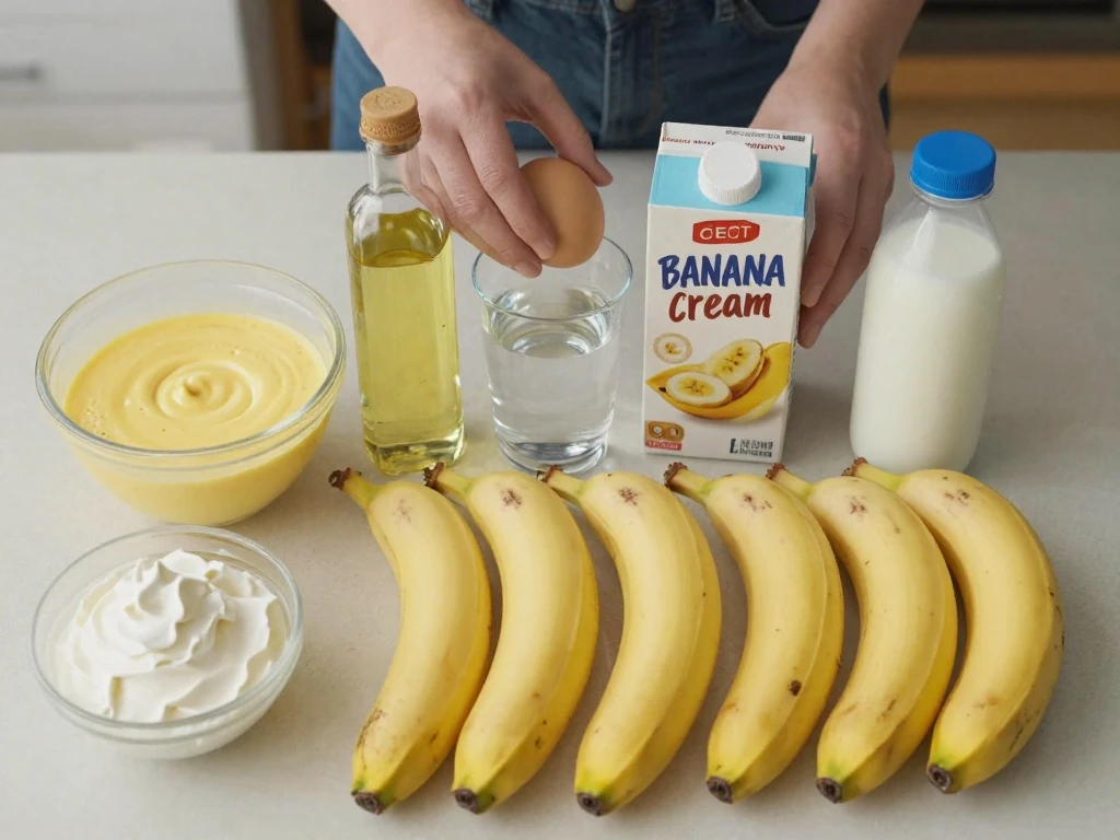 Ingredients for banana pudding cake arranged for baking