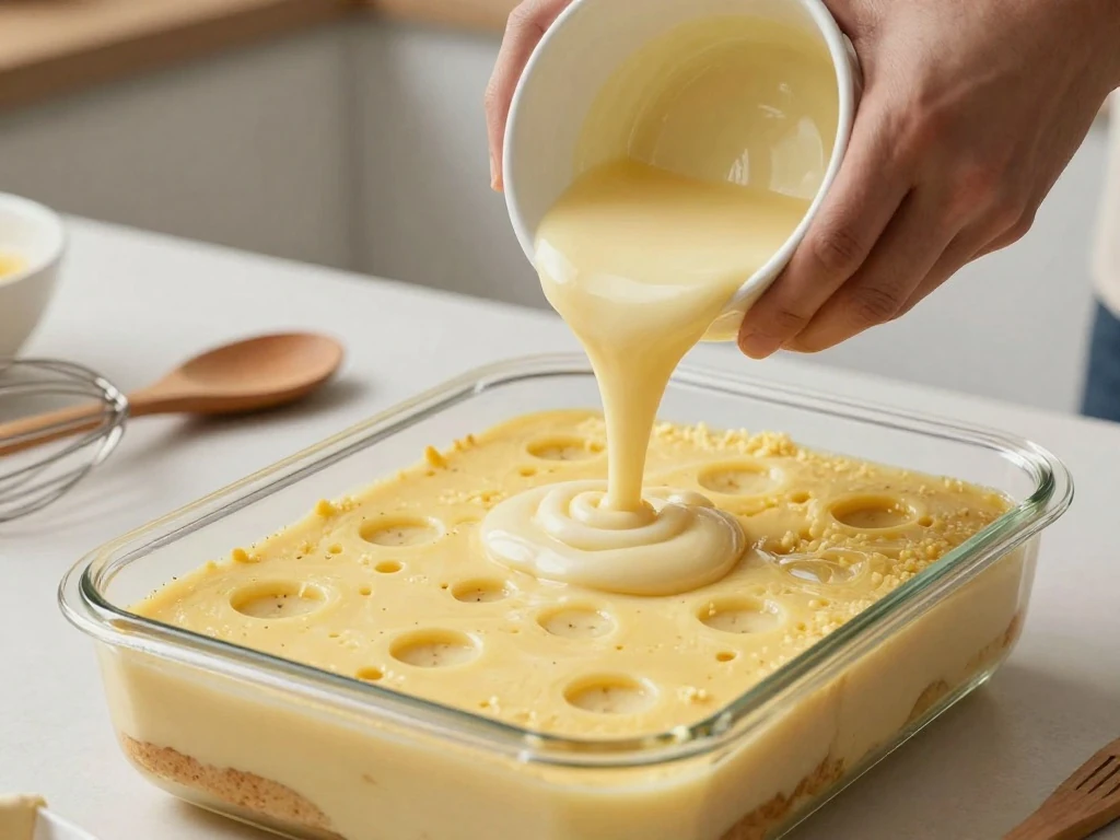Pouring banana pudding over a warm poke cake