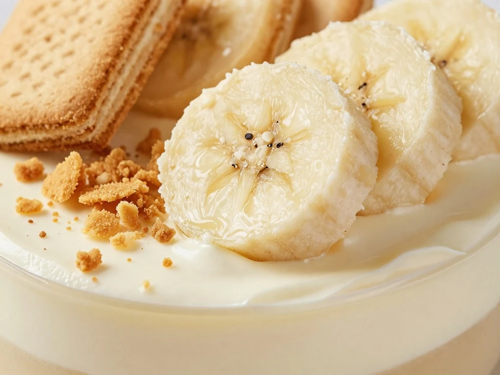 Banana slices and vanilla wafers decorating pudding cake
