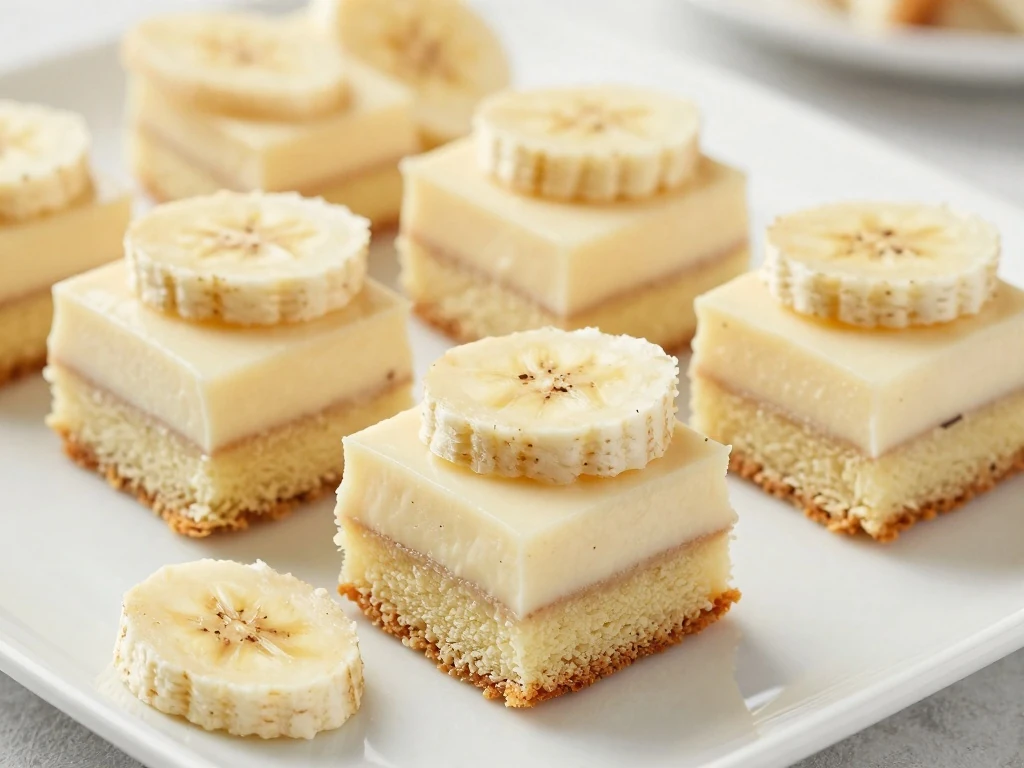 Banana pudding cake squares arranged for serving
