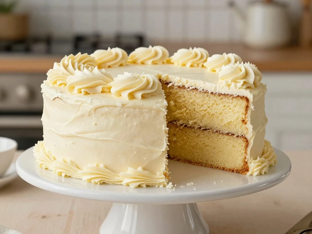 Two-layer basic vanilla cake with buttercream and a slice showing the tender crumb