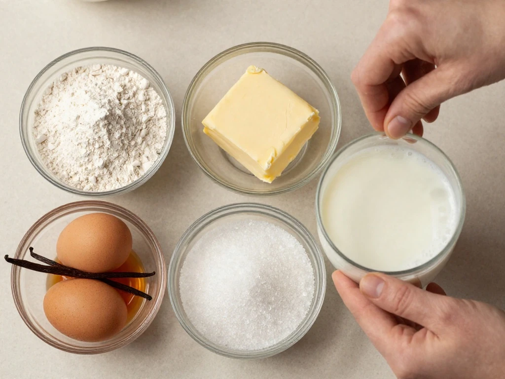 Measured ingredients for an easy basic vanilla cake recipe