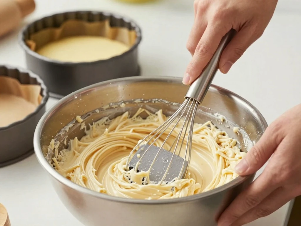 Mixing smooth vanilla cake batter before baking