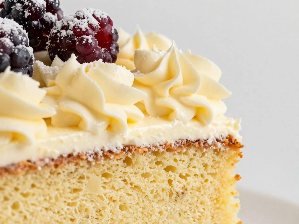 Vanilla cake slice with buttercream, powdered sugar, and fresh berries