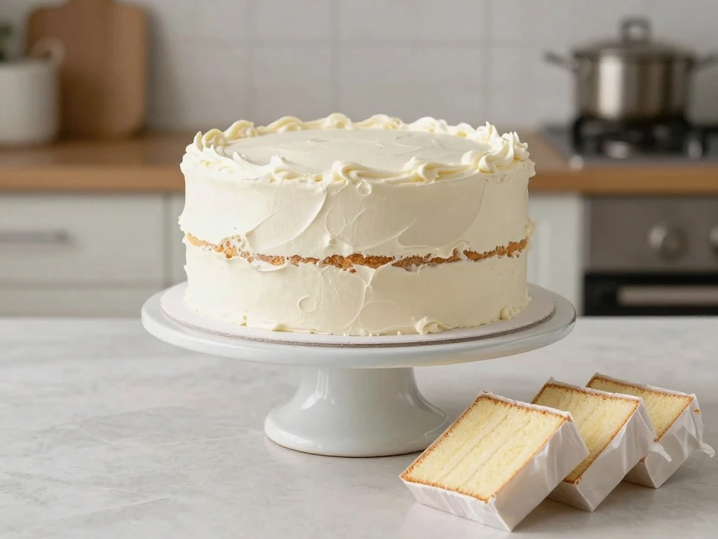 Frosted vanilla cake prepared for storage or make-ahead serving