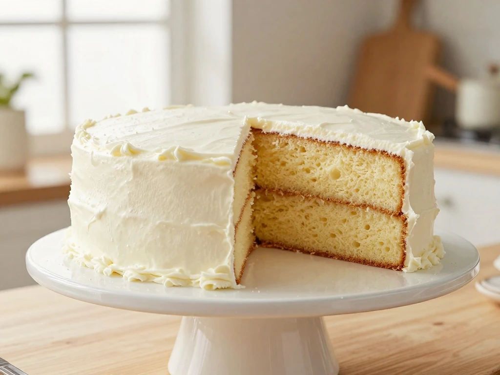 Two-layer basic vanilla cake with white buttercream and a tender golden crumb