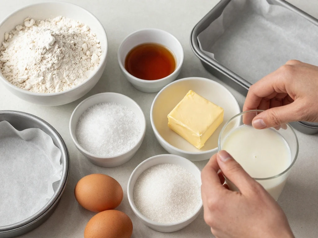 Ingredients for an easy basic vanilla cake recipe