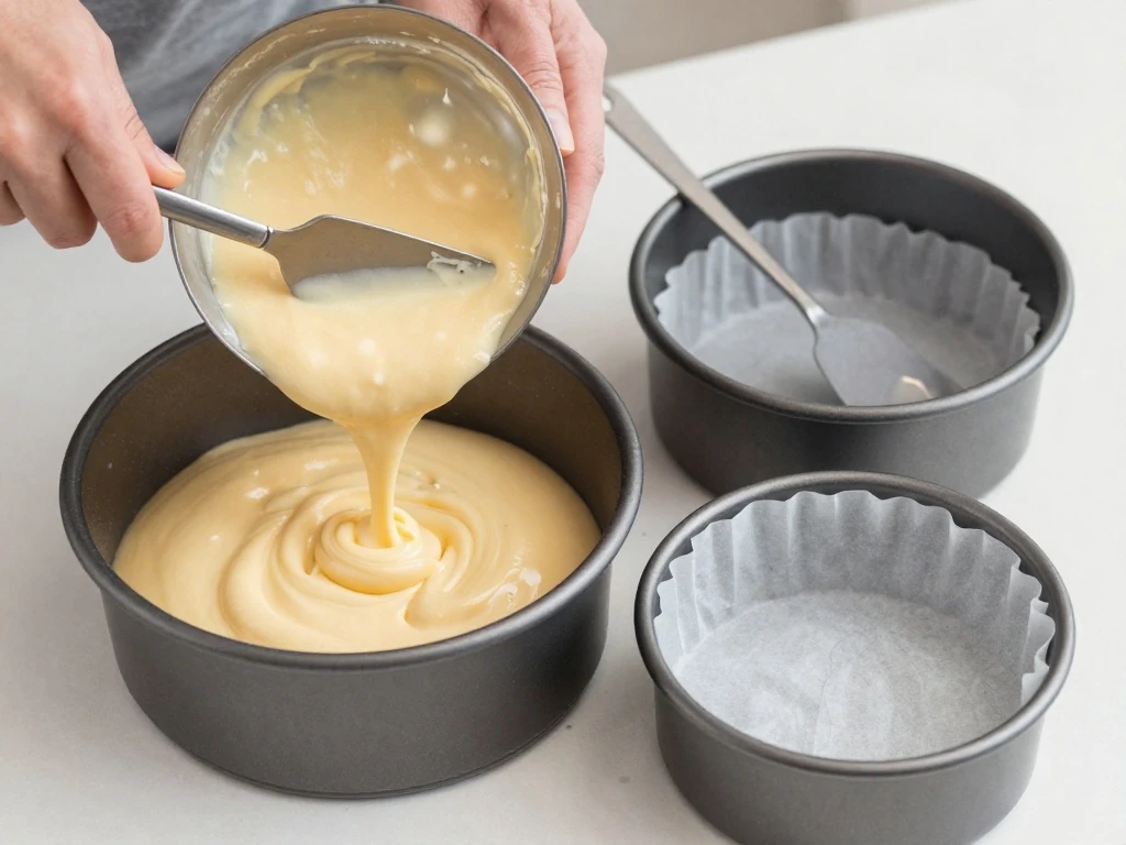 Vanilla cake batter divided between prepared round cake pans