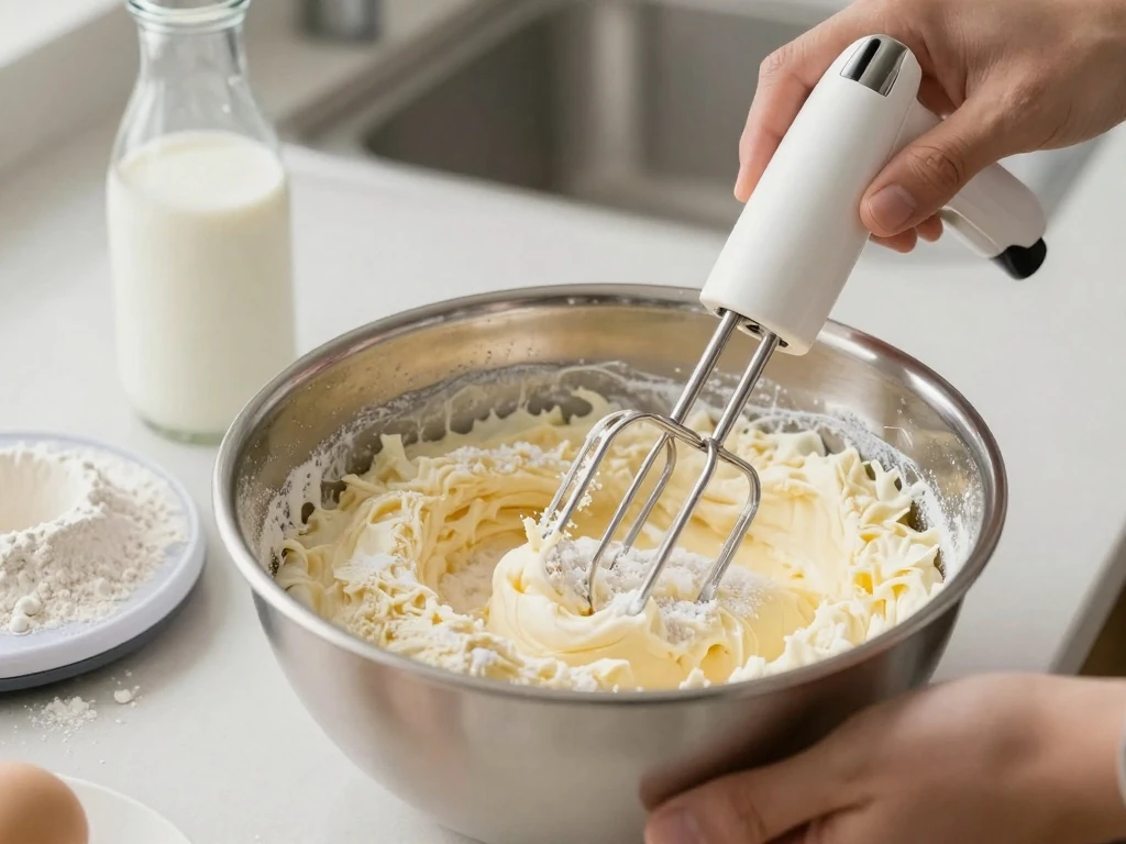 Fluffy creamed butter and sugar for a tender vanilla cake