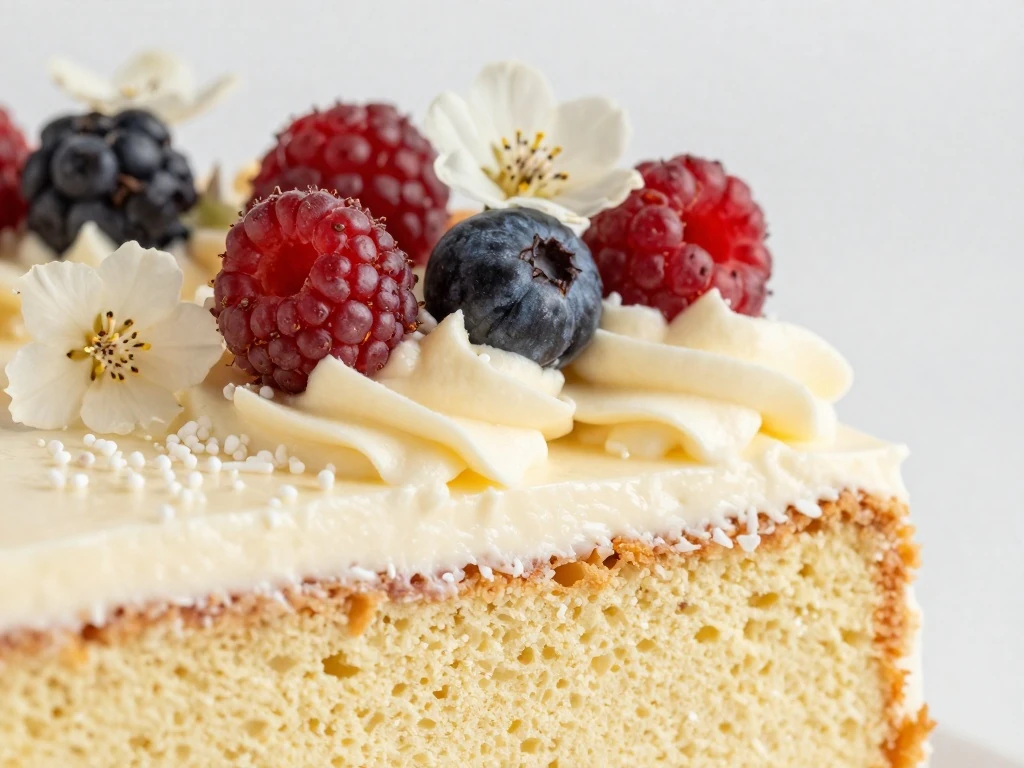Vanilla cake slice decorated with American buttercream and fresh berries