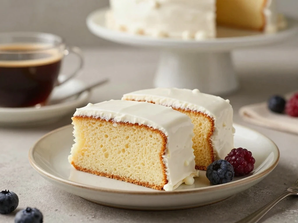 Slice of frosted vanilla cake ready to serve with coffee