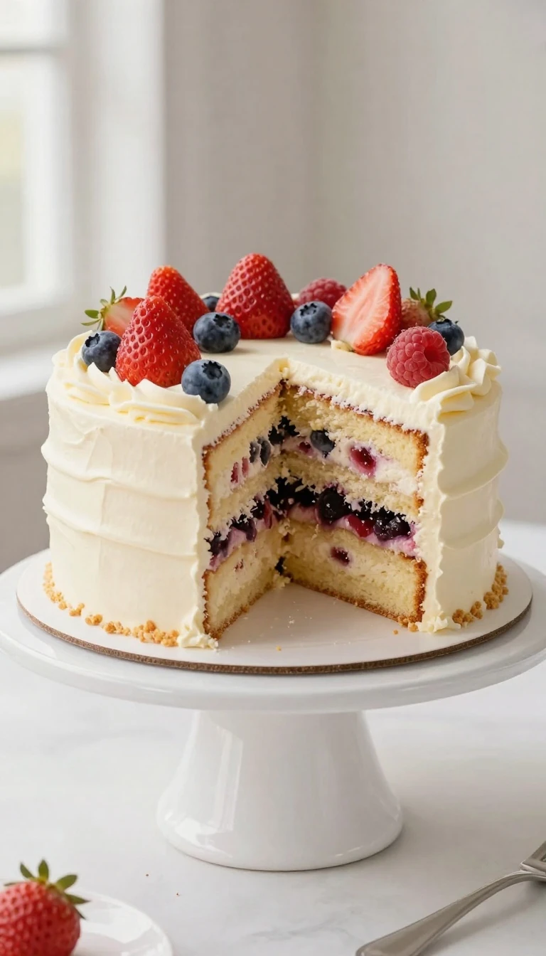 Three-layer Berry Chantilly Cake with fresh berries and mascarpone frosting